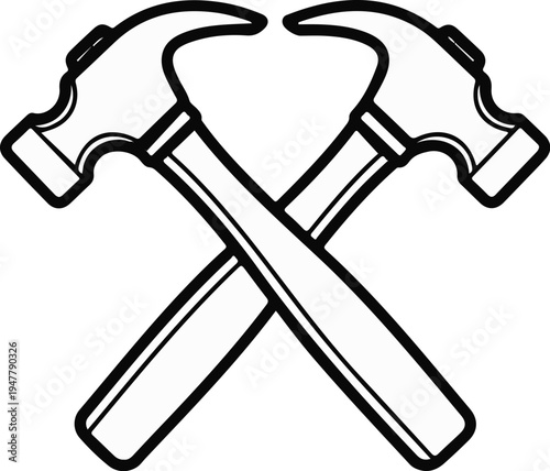 Two crossed claw hammers, simple line art icon, tool motif