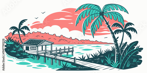 A tropical island with palm trees and a bridge Vector