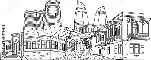 Line art depiction of an urban panorama featuring varied architectural styles and a tower