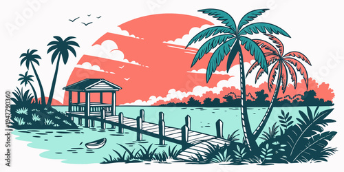 A tropical island scene with a dock and palm trees Vector