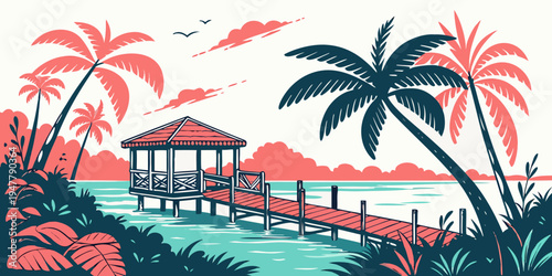A tropical island gazebo on a pier with palm trees Vector