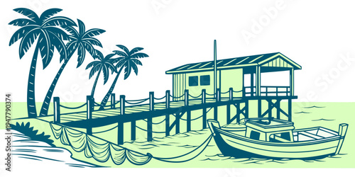 A small boat next to a pier and a house Vector