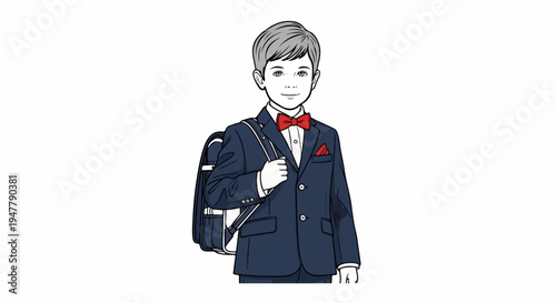 Young boy in a suit with a red bow tie and backpack