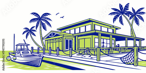 A large house with palm trees and a boat Vector