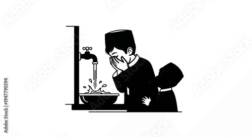 Young boys perform ritual ablution using a faucet and bowl in black and white