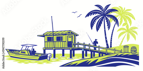 A house on a tropical beach with palm trees Vector
