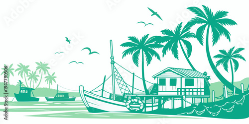 A house on the water with palm trees and a boat Vector