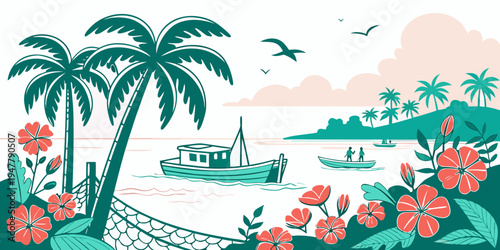 A tropical island scene with palm trees and flowers Vector