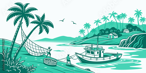 A boat sails through a tropical bay with palm trees Vector