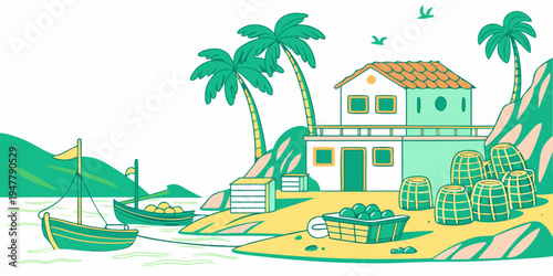 A house on a beach with palm trees and a boat Vector