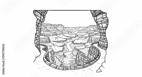 Line art depicting a vast canyon with winding river, seen from a cave opening