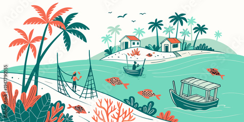 A tropical island with a boat and fish in the water Vector