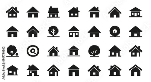 Collection of House and Tree Icons in Black Silhouette.