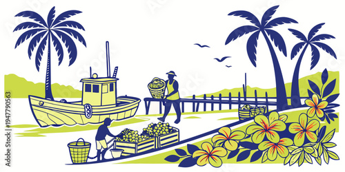 A tropical garden with palm trees and a walkway Vector