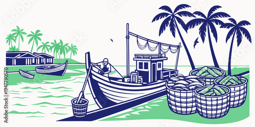 A small boat sitting on the shore near a tropical hut Vector