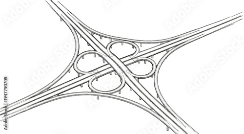 Stylized top-down sketch of a complex highway interchange with cloverleaf ramps