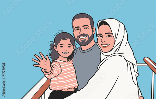 A man, a woman, and a girl stand together smiling on a balcony. They enjoy a moment in front of a blue wall.