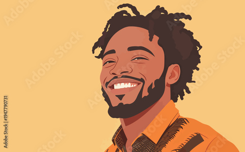 A man with curly hair smiles widely while wearing an orange shirt. The background is solid yellow, creating a cheerful scene.