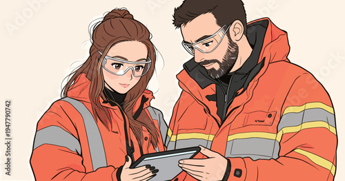 Two individuals are focused on a tablet screen while wearing safety glasses and bright jackets in a workplace environment.