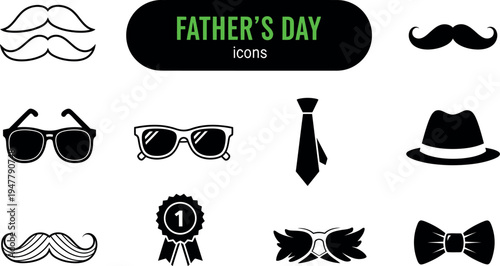 Father's day icon set mustaches hats and accessories for dad
