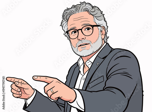 A man in a suit points while talking in a meeting. He appears engaged and shares ideas with others in the office space.