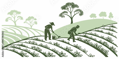 Farmers working on a green hillside farm Vector