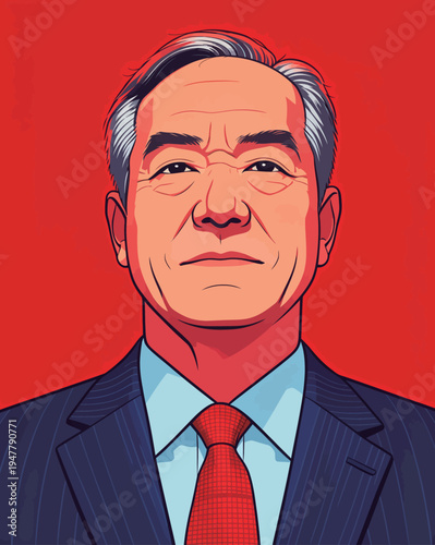 A leader appears with a serious expression in a formal suit and red tie against a bright red background during a public event.