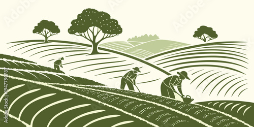 Farmers working in a field with trees in the background Vector
