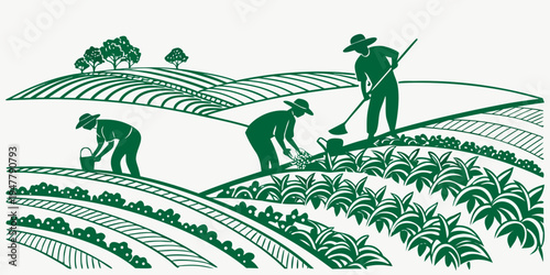 Farmers working in a field with crops Vector