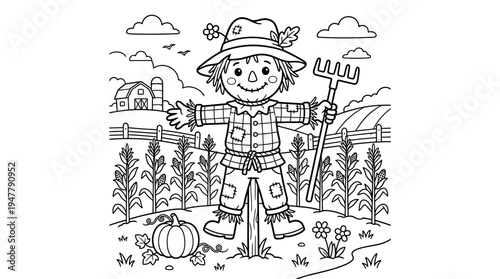 Smiling Scarecrow in a Field Holding Pitchfork.