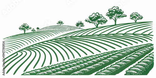 A green field with trees on a hillside Vector