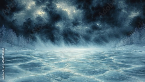 Ominous frozen expanse: cracked icy lake with drifting mist and frosted trees beneath a stormy, cloud-filled sky