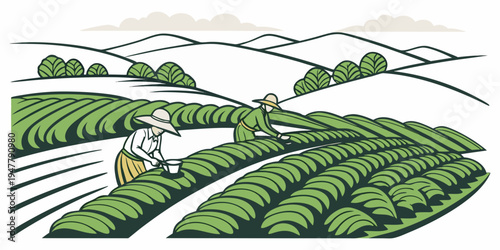 A green field with trees and a house Vector