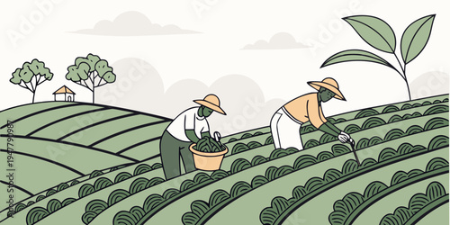 Two farmers harvesting tea leaves in a field Vector