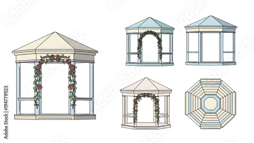 Modern Wedding Gazebo Vector Set 2D Flat Garden Architectural Structures for Event and Venue Design