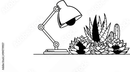 Line art of an adjustable desk lamp beside a variety of succulent plants
