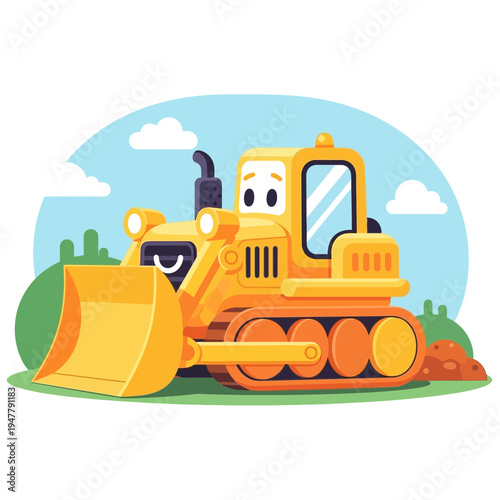 Friendly yellow bulldozer character on site