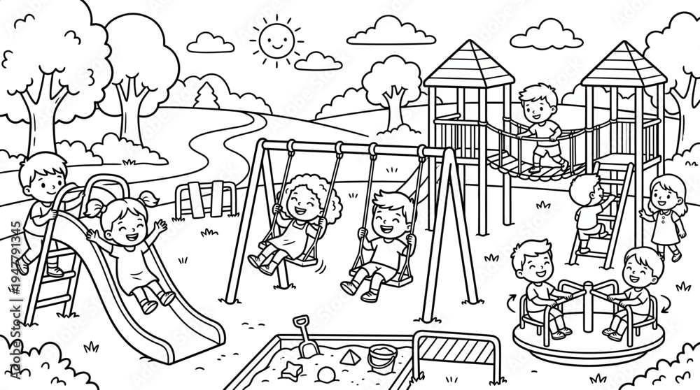 Fototapeta premium Children playing on outdoor playground equipment.