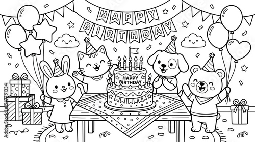 Colorful cartoon birthday party animals celebrate.