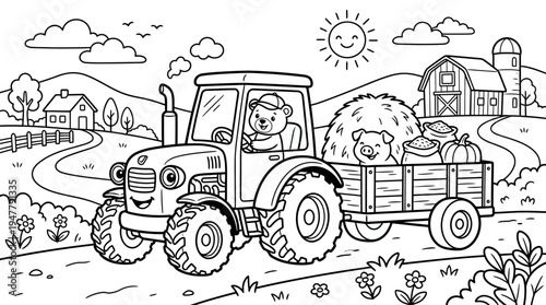 Tractor with bear in trailer rural.
