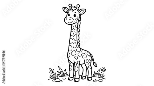 Smiling Cartoon Giraffe Standing Alone.
