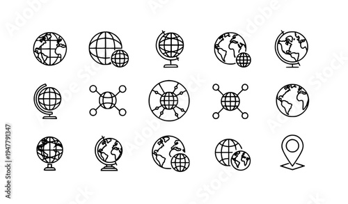 World Globe Line Icon Set Global Earth Outline Vector