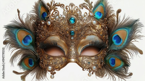 Elaborate golden masquerade mask adorned with peacock feathers, blue gems and pearls, ornate filigree and dangling accents, evoking mystery and elegant theatrical glamour