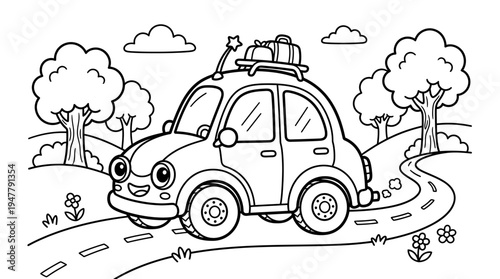 Cartoon car with luggage on top.
