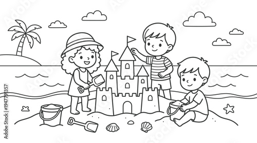 Children Building Sandcastle on Beach Vacation.