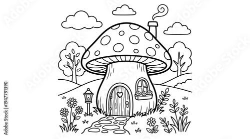 Fantasy Mushroom House Illustration Drawing.