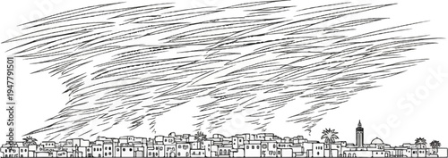 Stylized tornado swirling above a sketched desert town with palm trees