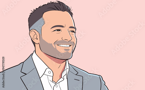 A man smiles while wearing a gray suit and white shirt against a pink background during a social event.