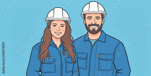 Two construction workers stand side by side, wearing blue uniforms and hard hats with a blue background behind them.