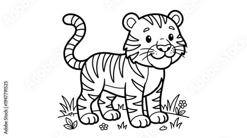 Cartoon tiger standing in grass.